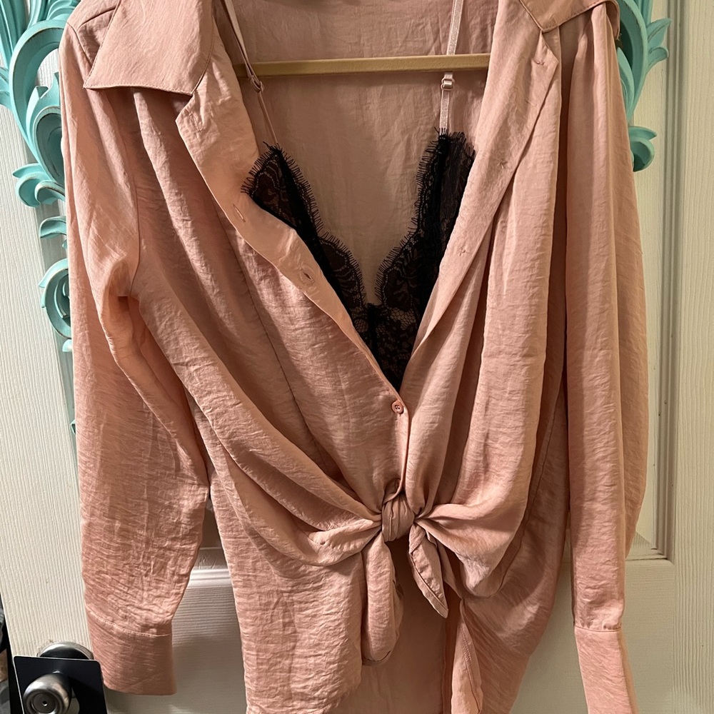 Pink satin blouse with built in black lace mock cami. Never worn.